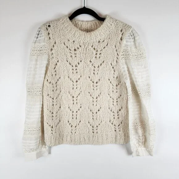 Sea New York Ellie Combo Sweater Cable Knit Puff Lace Sleeves Cream Alpaca Wool - Picture 3 of 14
